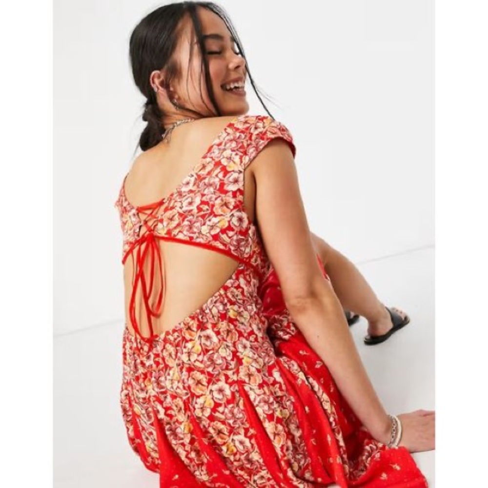Free People Coral-Red Floral Backless Mini Dress - Picture 3 of 8